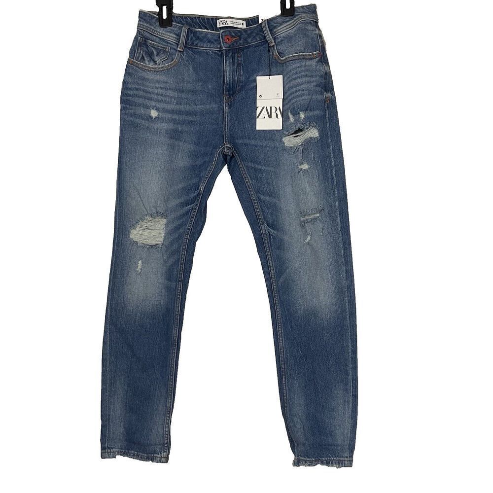 NWT Zara Distressed Relaxed Cropped Blue Jeans size US 6